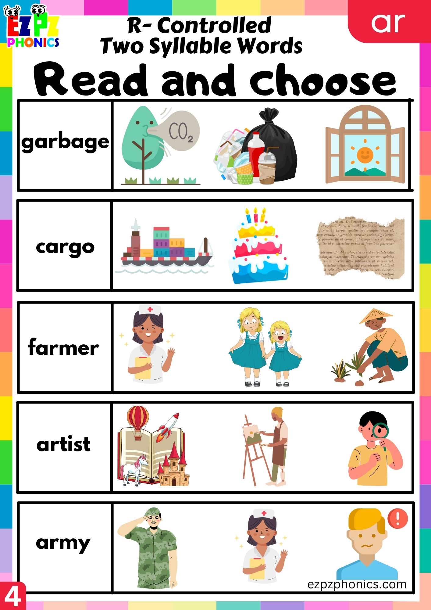 Read and choose activity for ar two syllable words R controlled vowels phonics group 4